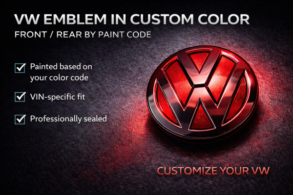 VW Emblem in Wunschfarbe – vorne / hinten nach Farbcode (Original veredelt)